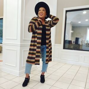 Angie Multicolor Zigzag Cardigan | Boho Open Front Duster Sweater S,  1X